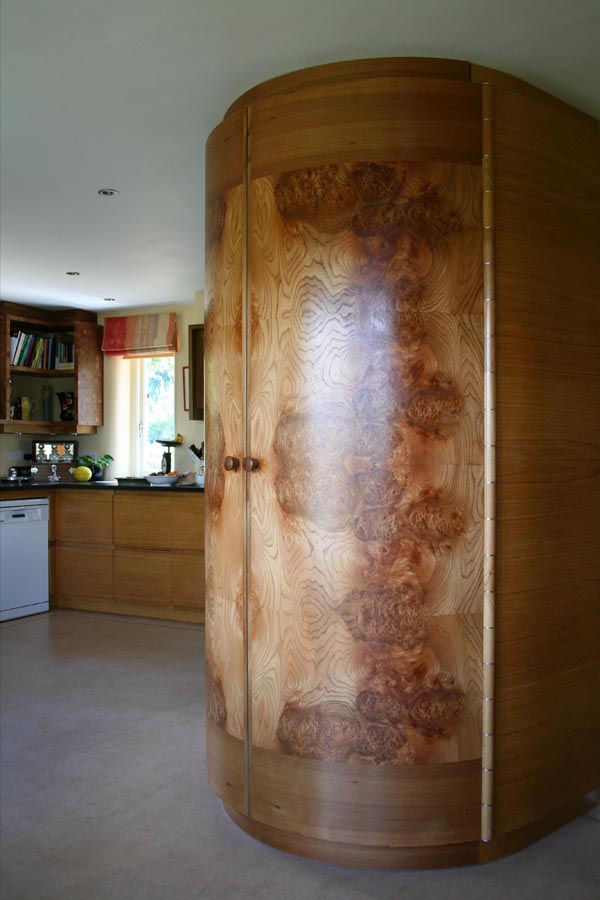 I designed a layout for this new kitchen ~ Matthew Burt turned my sketches into something truly special including this wonderful semi-circular larder enclosed behind a pair of burr elm doors